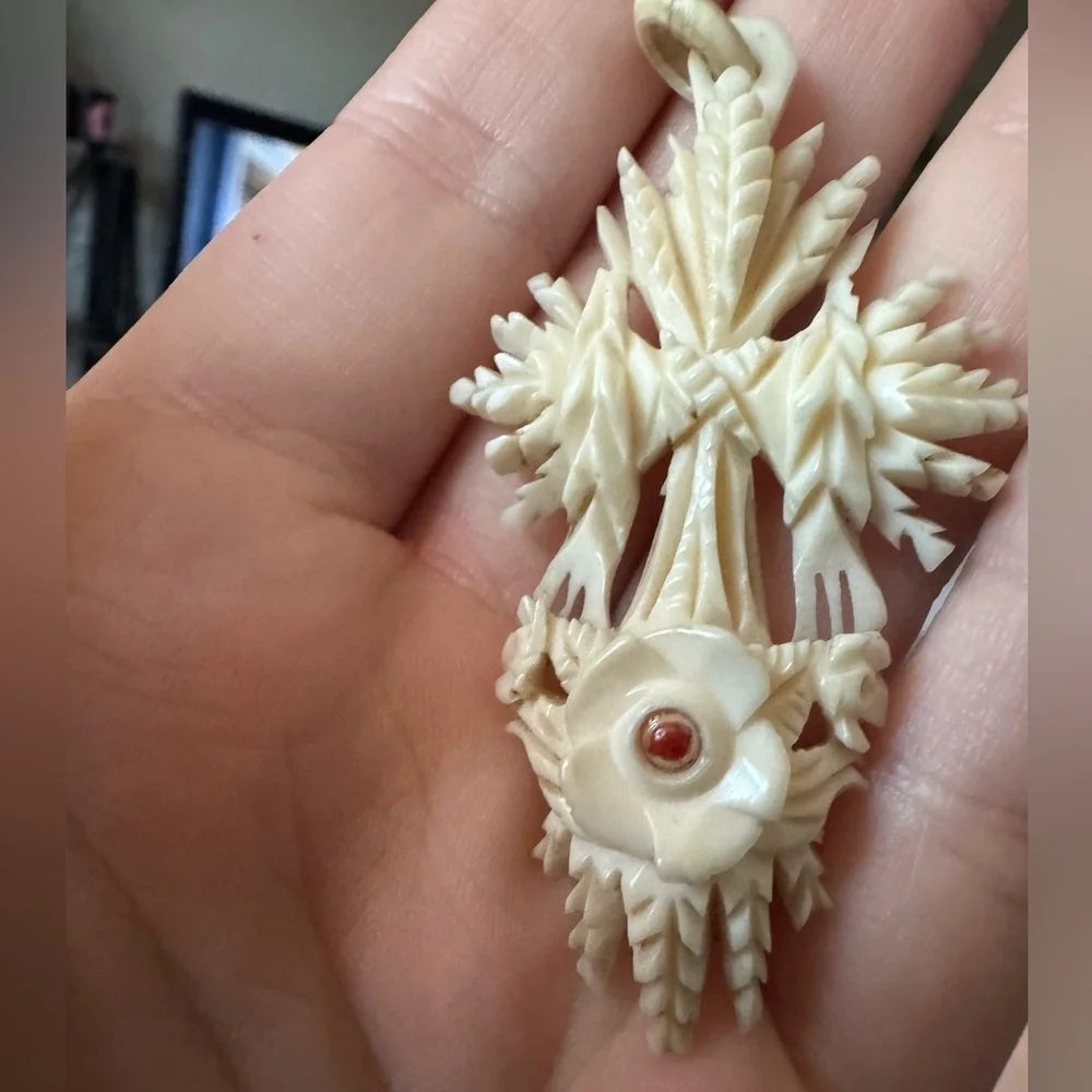Museum Quality Victorian Antique Religious Relic Hand Carved Wheat Cross Pendant